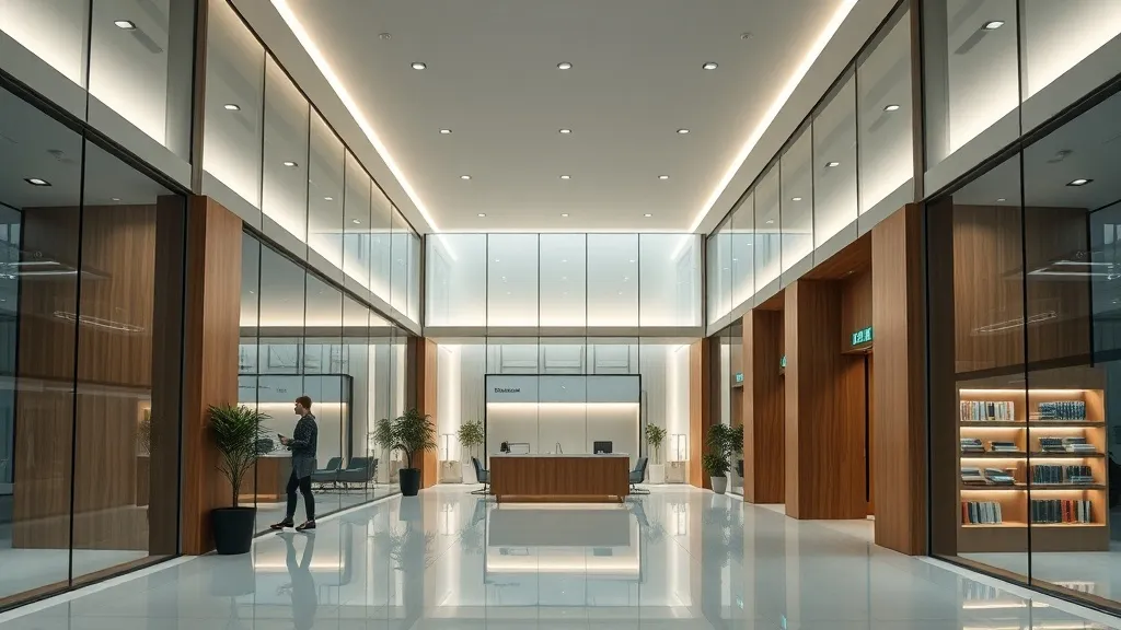 Modern bank interior, minimalist glass and wood design, soft