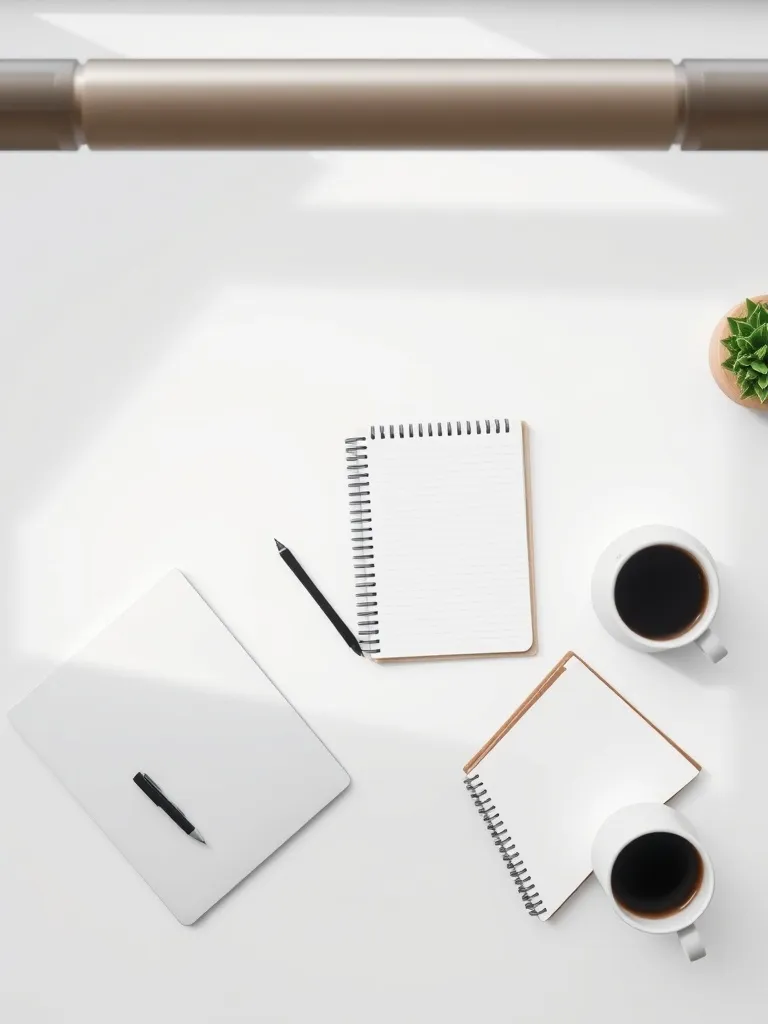 A clean minimalist workspace with a laptop, a notebook, and