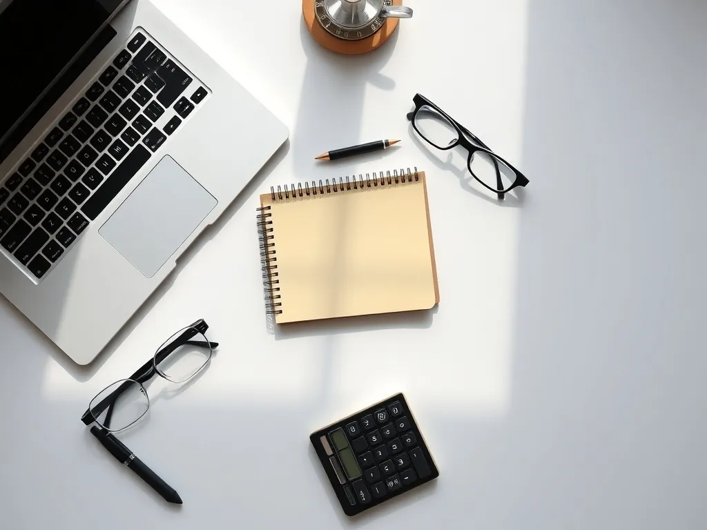 A clean, minimalist workspace with a calculator, a notebook,