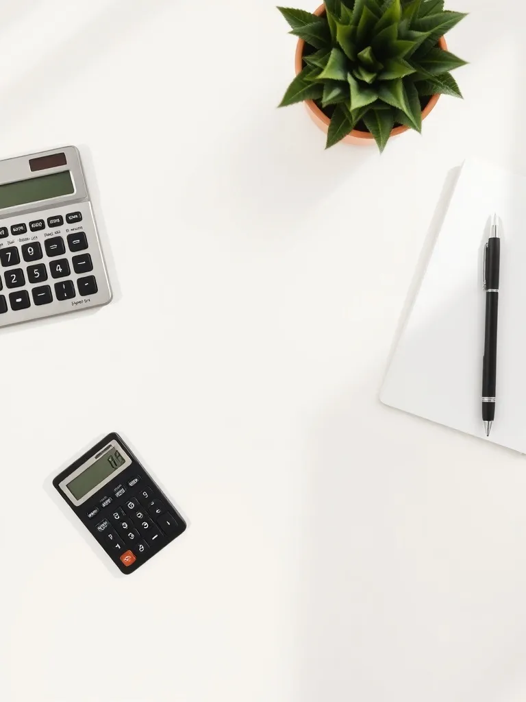 Minimalist top-down view of a clean desk with a calculator,