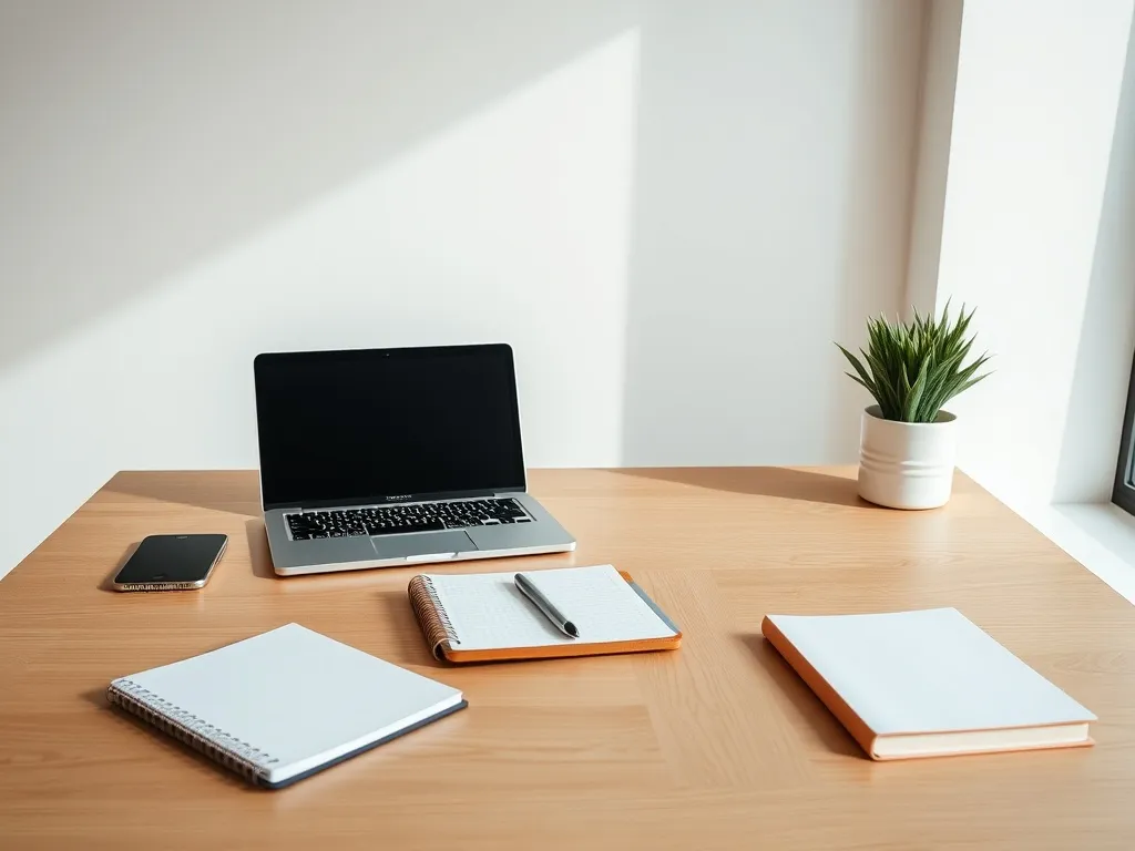 A minimalist workspace with a laptop, a notebook, and a clea