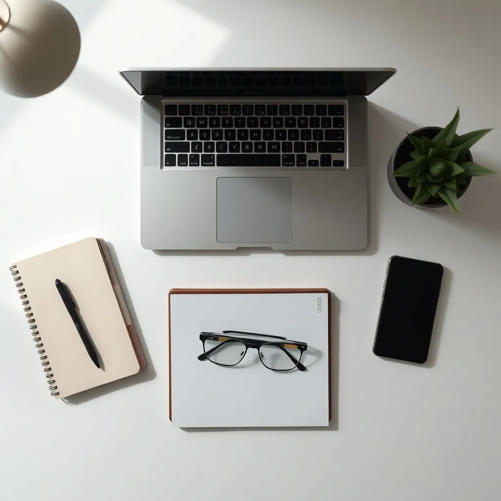 A minimalist, top-down view of a clean desk with a laptop, a