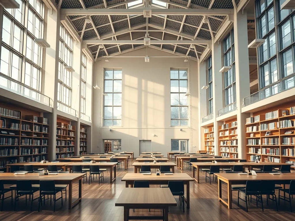 A modern, empty library interior with high ceilings, large w