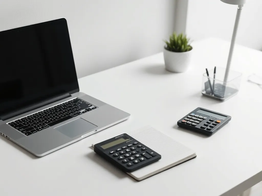 A clean minimalist office desk with a laptop, a notebook, an