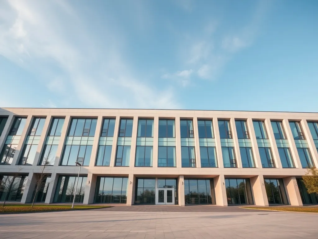A wide minimalist shot of a modern university building in Ot